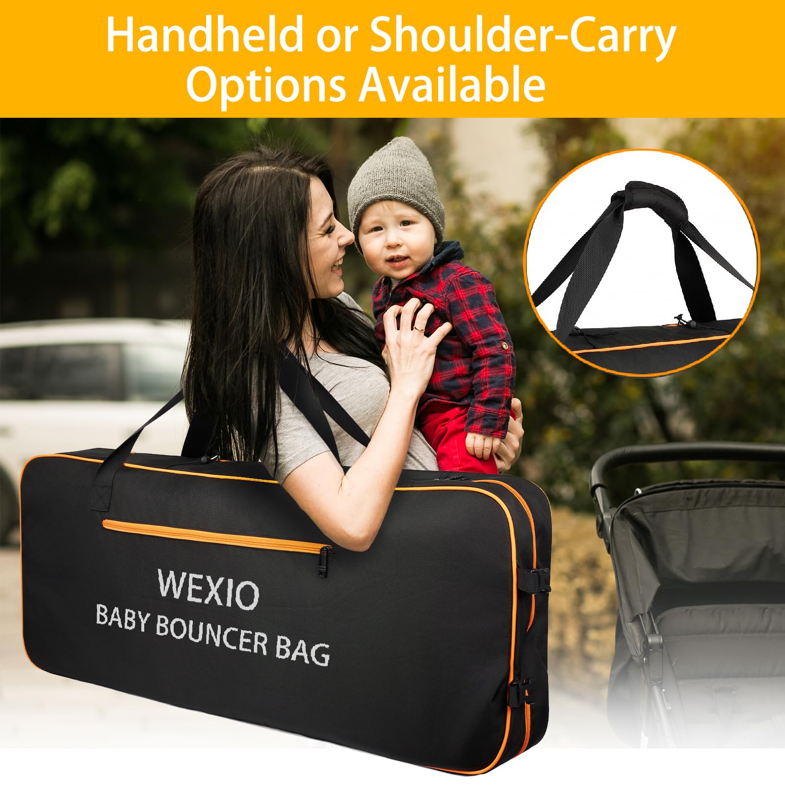 Padded Baby Bouncer Transport Bag, Waterproof Infant Bouncy Seat Travel Bag, Double Zipped Newborn Bouncer Cover with Shoulder Pad，15.7 x 4.7 x 35.4 Inches
