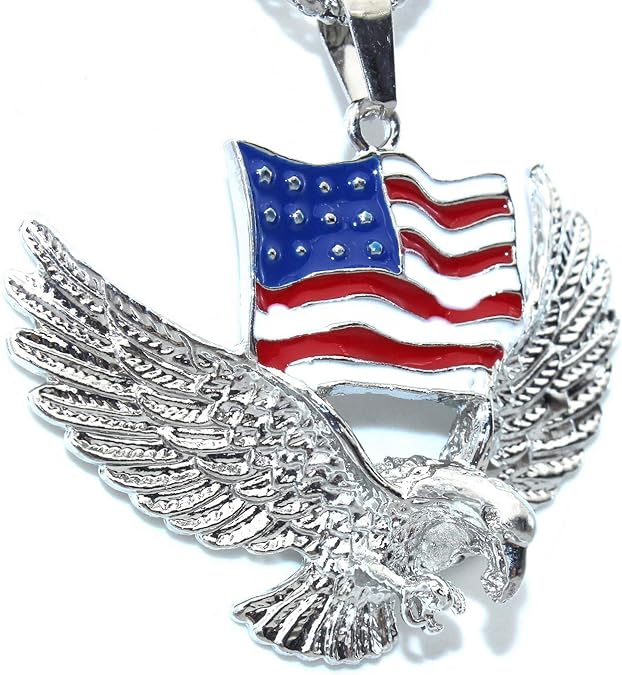 Flying Bald Eagle Pendant Necklace for Men, American Flag Necklace with