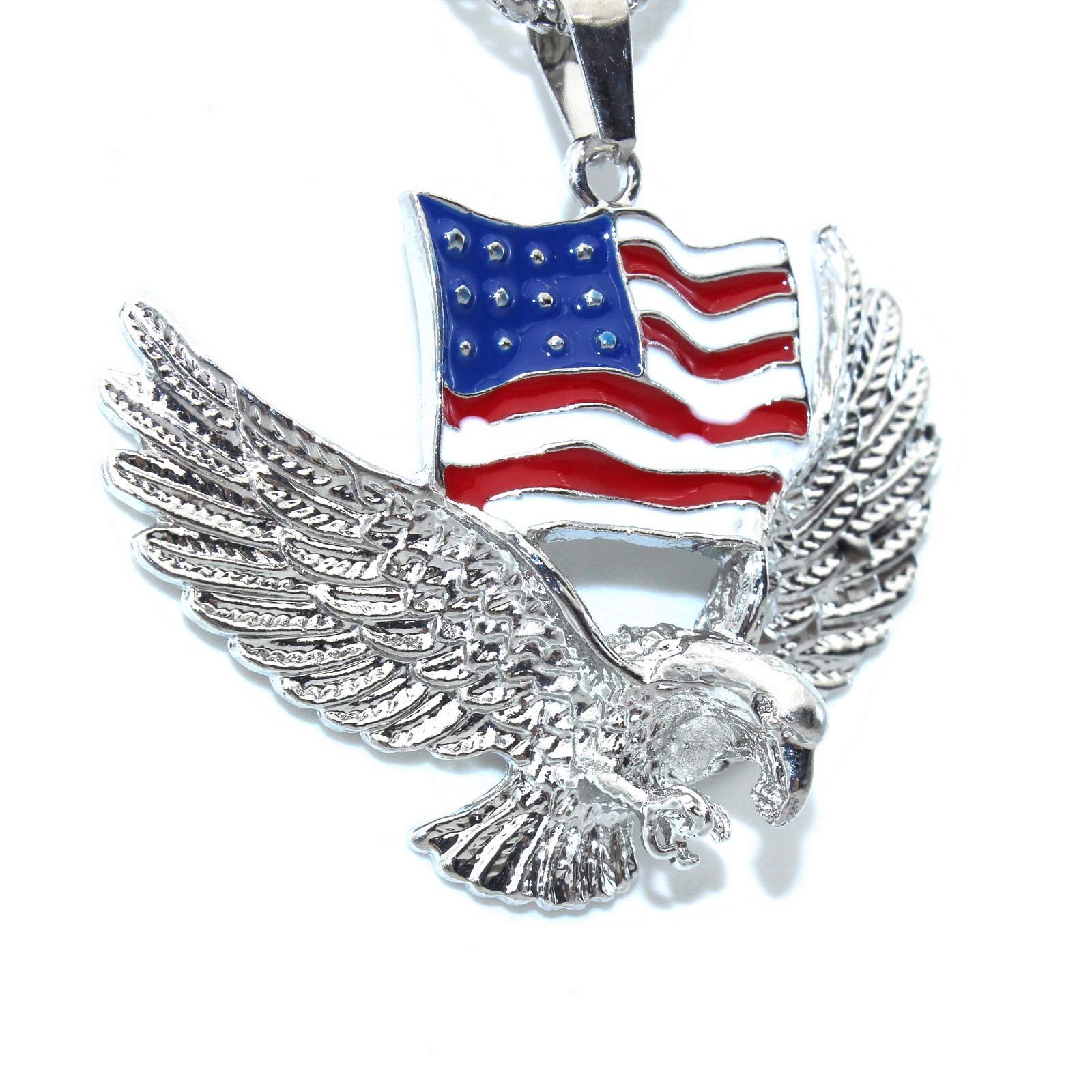 Flying Bald Eagle Pendant Necklace for Men, American Flag Necklace with 23.6” Chain, Vintage Hawk Eagle Pendant, Silver Metal Alloy Chain, Viking Animal Necklace Jewelry (Silver)