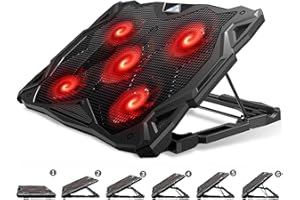 Pccooler Laptop Cooling Pad, Laptop Cooler with 5 Quiet Red LED Fans for 12-17.3 Inch Laptop, Dual USB 2.0 Ports, Portable 6 Angle Adjustable Laptop Stand for Gaming Laptop