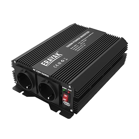 Erayak Wechselrichter TÜV Zertifiziert, DC 12V auf AC 230V Spannungswandler, Konverter mit 1 EU Buchse, 1 USB Ports, Zigarett