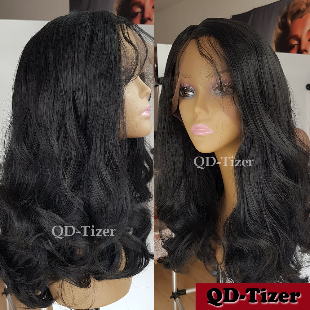 qd tizer Langes welliges Haar Kunsthaar Perücke Spitze vorne Perücke klebefreien Spitze schwarz Hitzebeständige Kunstfaser Haar Amazon Beauty