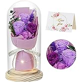 HVY Preserved Flowers Bouquet with LED Lights in Glass Dome Perfect Gifting for Her, Forever Real Flower Suitable for All Occasions Birthday Mothers Day Anniversary Thanksgiving (Purple)