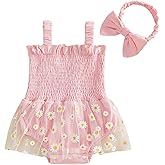 Sasaerucure Newborn Infant Baby Girl Summer Outfit Pink Romper Dress Lace Tutu Skirt Daisy Floral Onesie + Headband