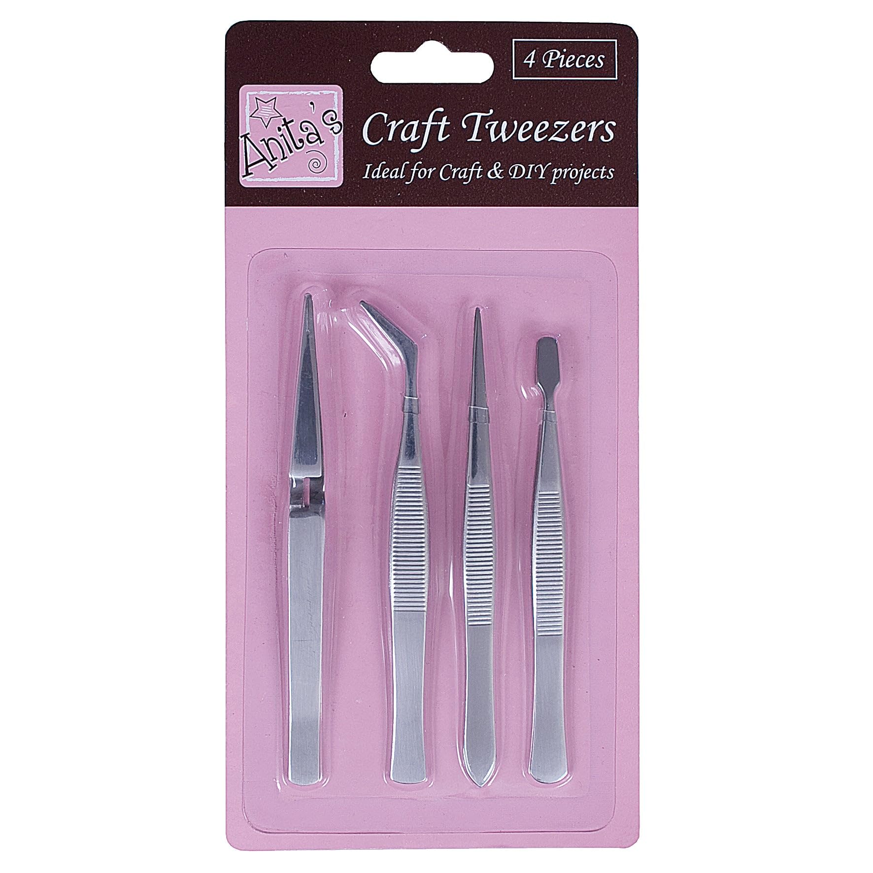 Anita's Craft Tweezer Set, Multicoloured, Silver, Metal, Pack of 4, for Craft, DIY, Art, Home, Diorama, Card Making, Paper, Gluing, Model Making, Jewellery Making, Soldering