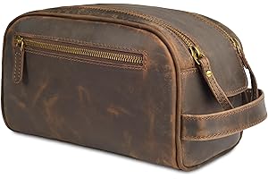 LEATHER VILLAGE Premium Leather Toiletry Travel Pouch With Waterproof Lining - Brown | King-Size Handcrafted Vintage Dopp Kit Bag, Shaving & Bathroom Organizer, Gift for Men & Women