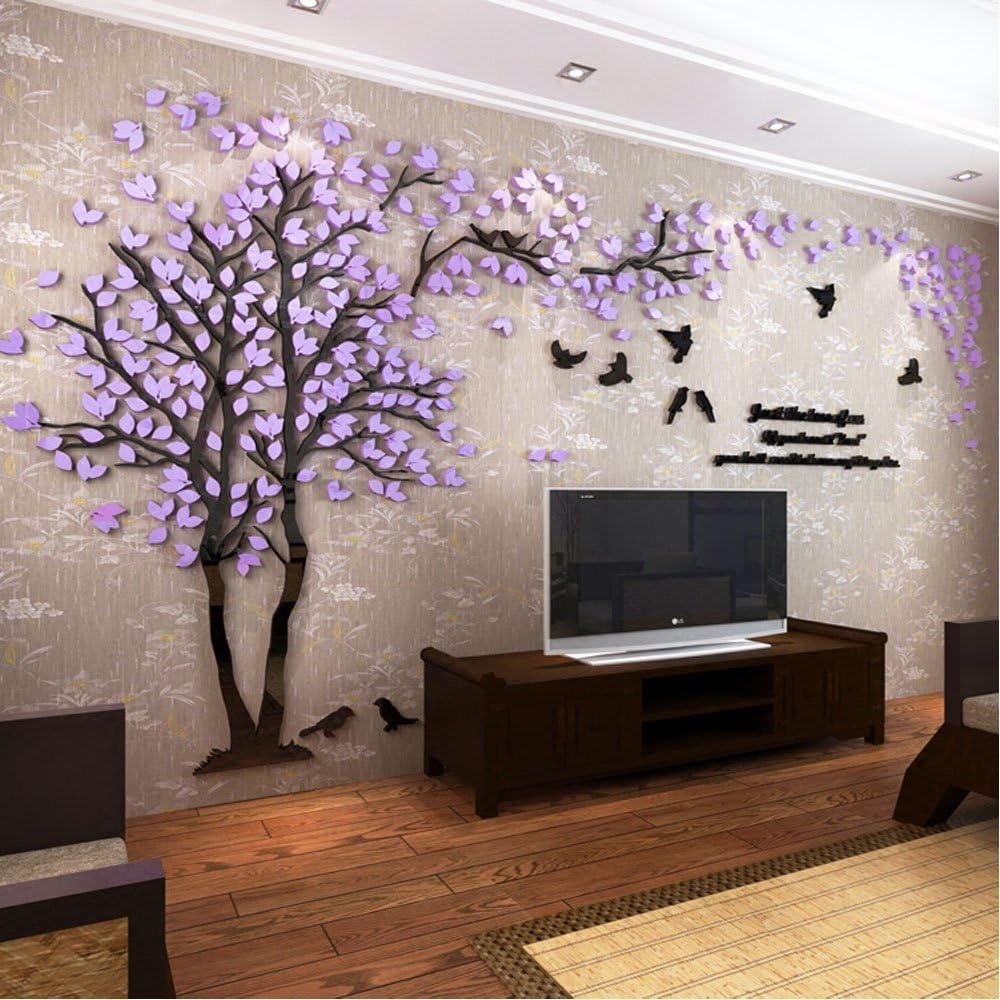 DIY 3D Huge Couple Tree Wall Stickers Crystal Acrylic Wall Decals Wall Murals Home Decorations Arts (XL, Purple, Right)