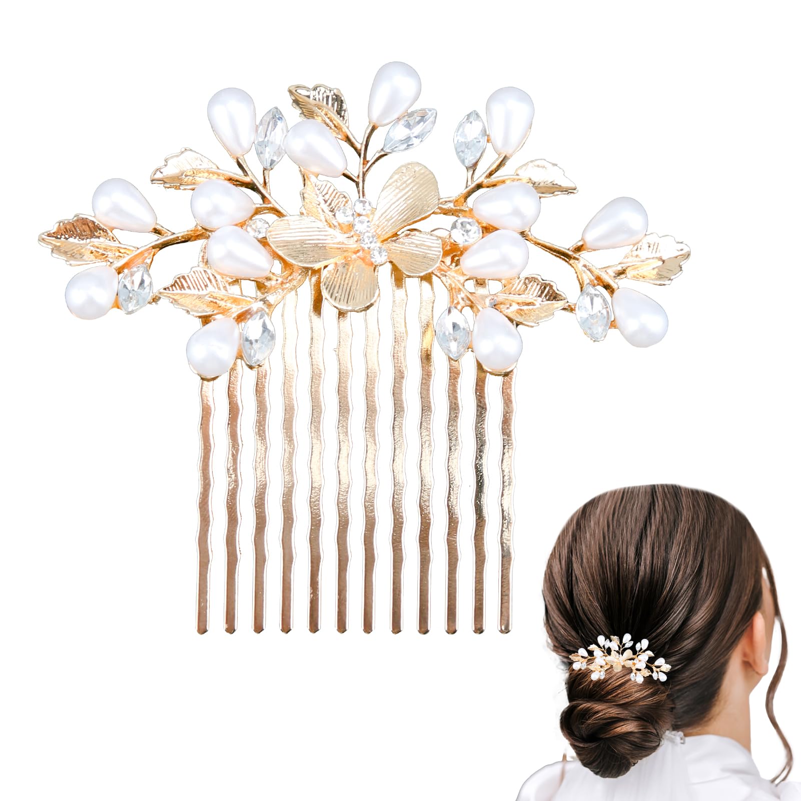Bride Wedding Bridal Hairpin Comb Pearl, Elegant Wedding Hair Accessories Leaf Design Hairpiece Accessory Flower Side for Women and Girls Vintage-Inspired Bride Hair Pins for Special Occasions (Gold)