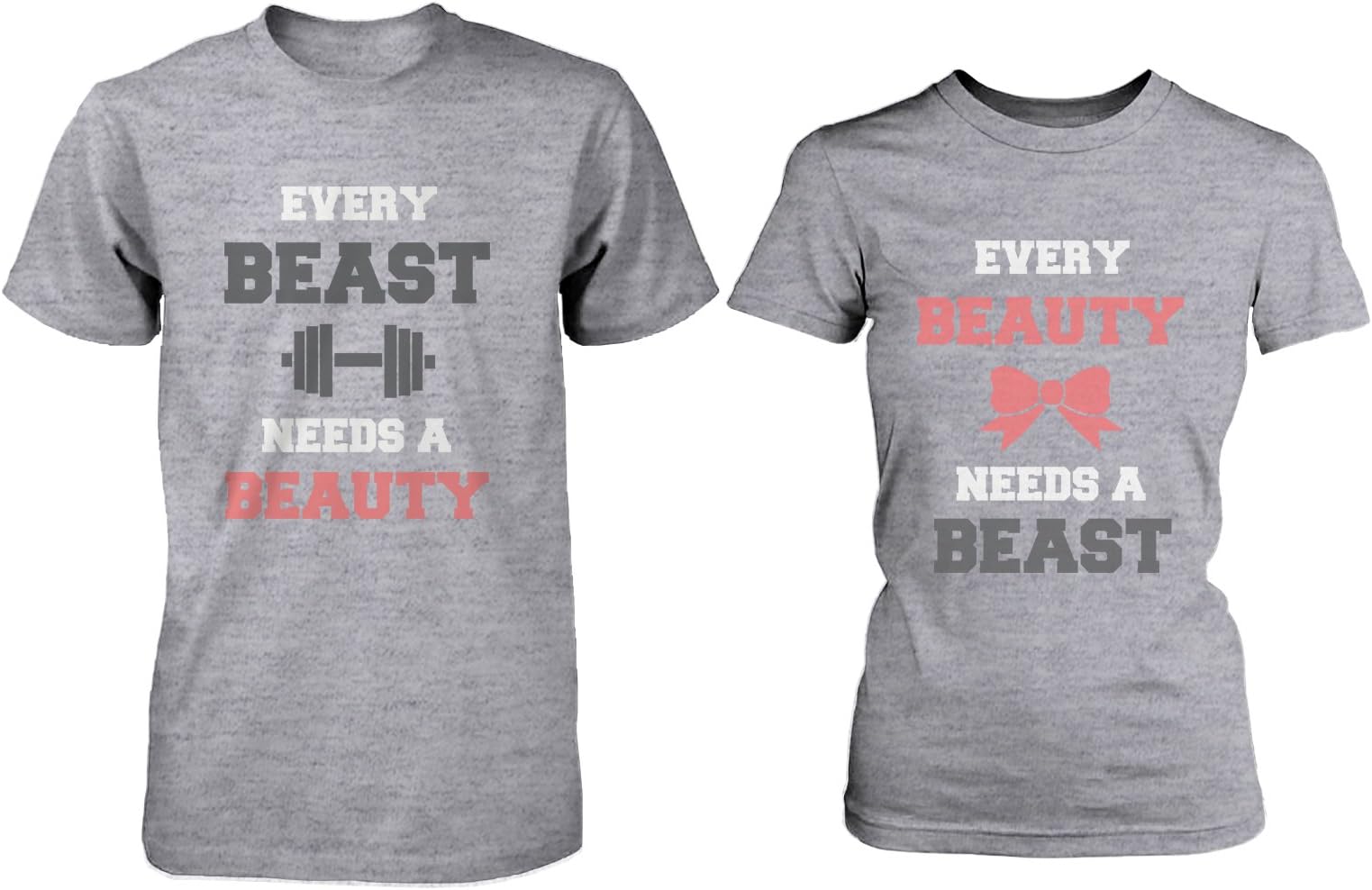 Cute Couple T-Shirts – Beauty Needs Beast Matching Grey Graphic Tees for Couples (Left- L/Right- S)