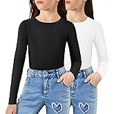 Arshiner 2 Packs Ribbed Knit Long Sleeve Shirts for Girls Soft Slim Fit Crewneck Casual Base Layer Tops Tees