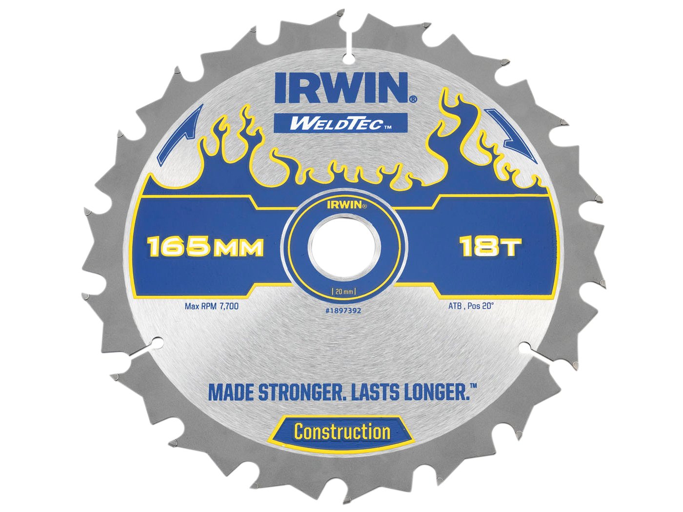 IRWIN IRW1897392 165 x 20mm 18-Teeth Weldtec Cordless Circular Saw Blade with ATB Tooth Grind