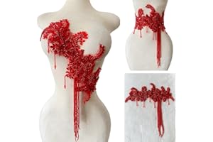 ESOSZNUA Pure Handmade Rhinestone Fringe Patch Trim Crystal Beaded Applique for Sewing Crafts Wedding Party Decoration Bridal Dress Accessories 16.1X16.9inches (Red)