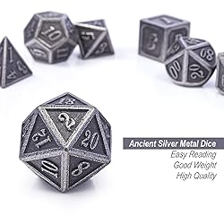 DnDnD Acient Silver Metal DND Dice Set, 7PCS D&D
