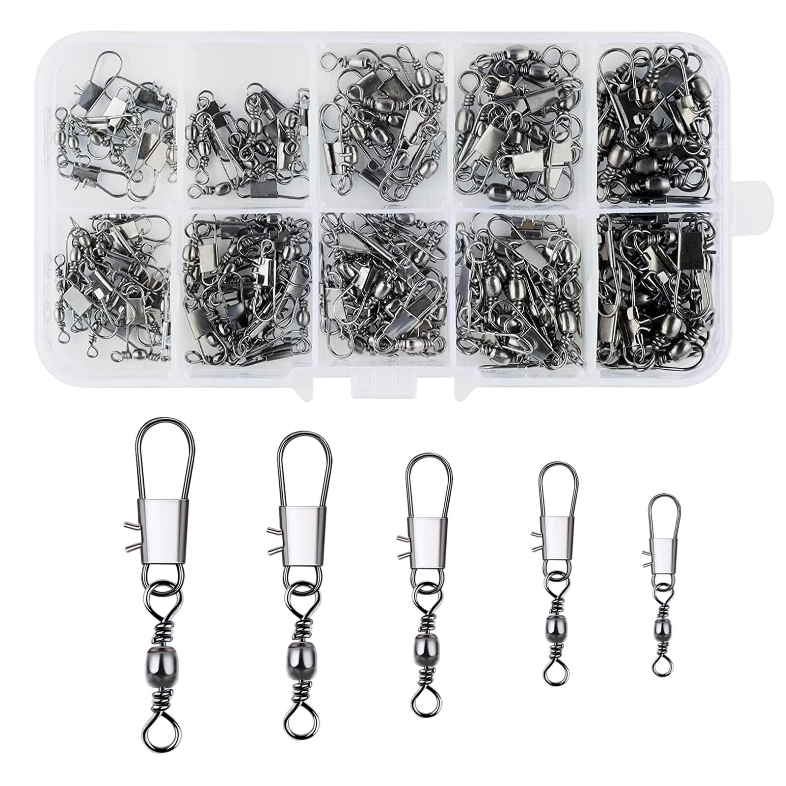 Divono 125 pcs Fishing Swivels 5 Sizes Fishing Accessories Carbon Steel Fishing Swivels and Clips B Pin Anti-winding Sea Fishing Tackle for Various Kinds of Fishing