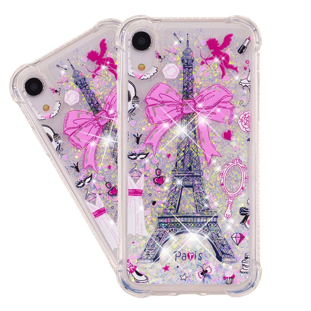IMEIKONST Glitter Liquid Case for iPhone XR, Sparkle Sequin Floating Shiny Quicksand Transparent Silicone TPU Shockproof Protective Bumper Cover for iPhone XR Bling Bow Tower YB