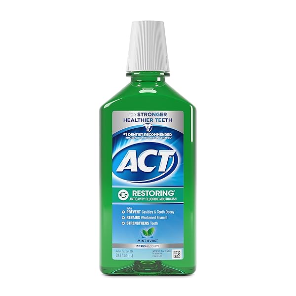ACT RESTORING ZERO ALCOHOL FLUORIDE MOUTHWASH 33.8 FL. OZ. STRENGTHENS TOOTH ENAMEL, MINT BURST