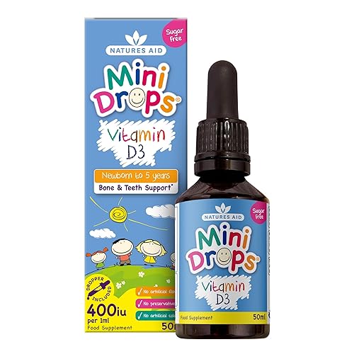 Natures Aid Mini Drops Vitamin D3 50ml for Infants & Kids - Bone, Teeth, Health & Immune System Support - Sugar Free, Vegan, Gluten-Free, Non-GMO - Growth Support for Children Age 0-5 Dropper Included