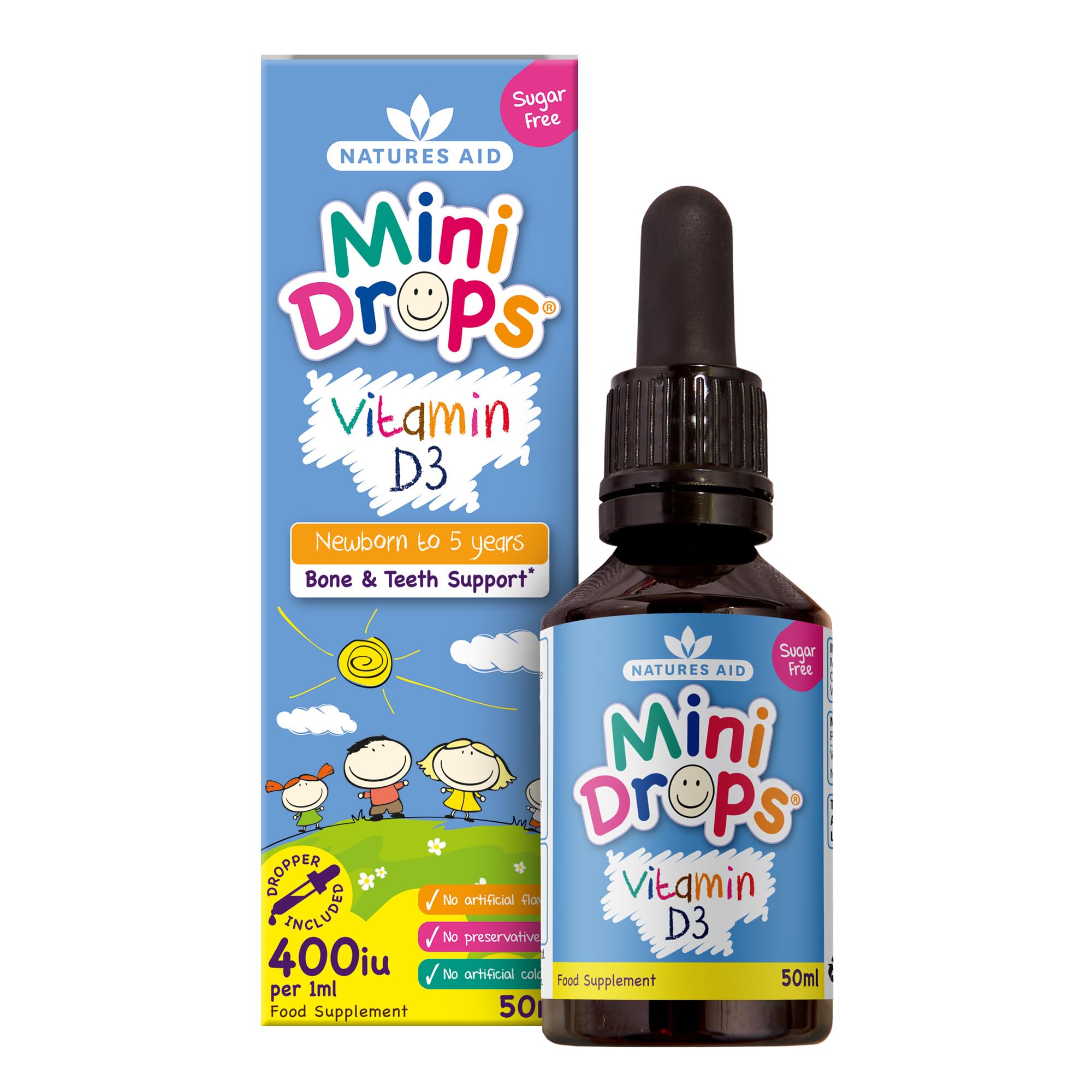 Natures Aid Mini Drops Vitamin D3 50ml for Infants & Kids - Bone, Teeth, Health & Immune System Support - Sugar Free, Vegan, Gluten-Free, Non-GMO - Growth Support for Children Age 0-5 Dropper Included