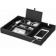 BEWISHOME Valet Tray for Men Dresser Organizer Nightstand Organizer Desktop Storage Organizer with Large Smartphone Charging Station, 6 Compartments, Carbon Fiber Faux Leather,Black SSH16C