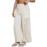 OYOANGLE Women's High Waisted Drawstring Palazzo Pants Contrast Lace Sheer Wide Leg Trousers with Pocket