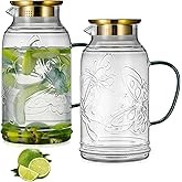Buaic Glass Pitcher with Lid and Handle, 2 PACK 68 oz/2 Liter Vintage Butterfly Design Fridge Water Pitcher, Borosilicate Glass Water Carafe for Hot/Cold Water,Coffee,Iced Sun Tea,Heat Resistant