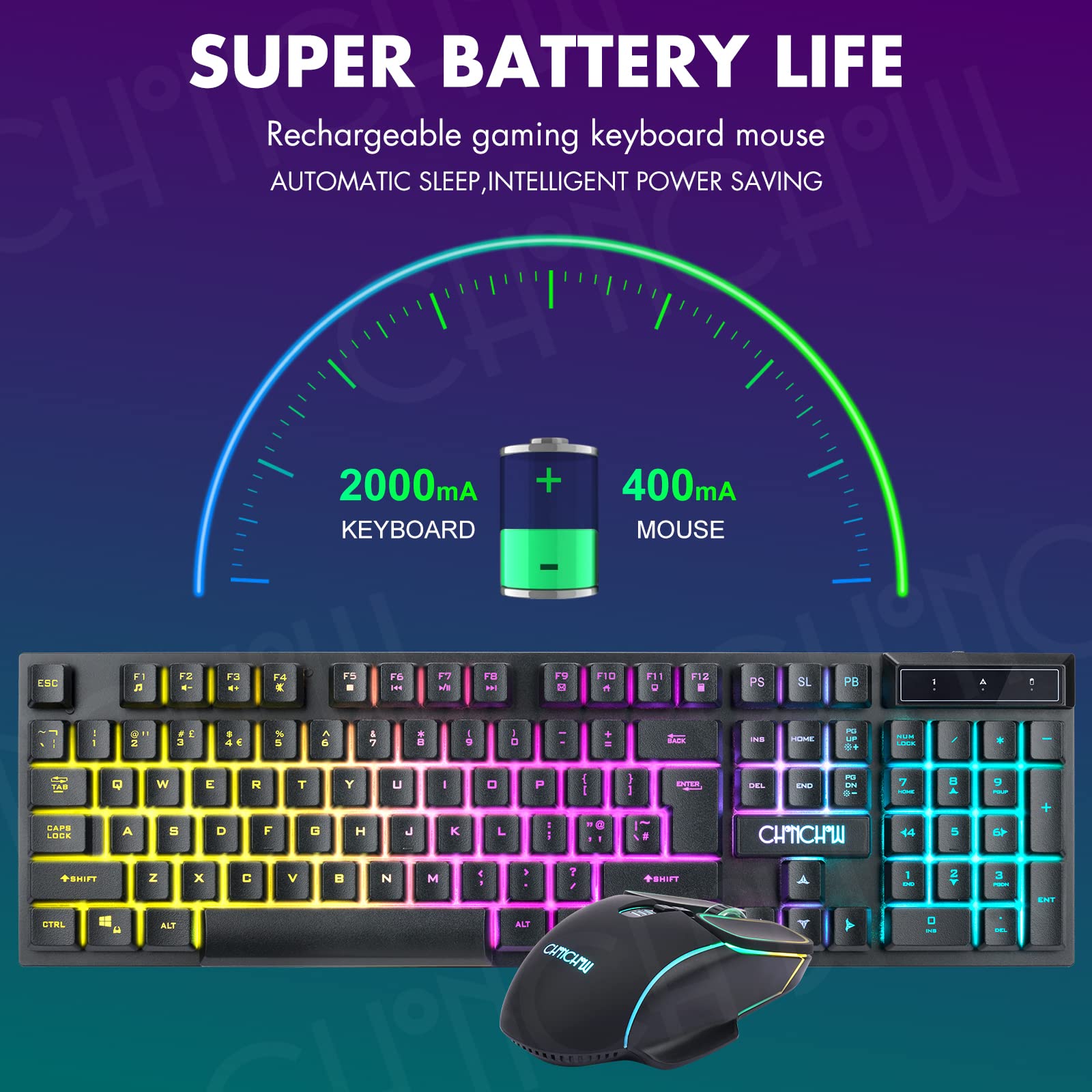 CHONCHOW Wireless Gaming Keyboard and Mouse Combo, Rechargeable Rainbow LED Light Up Wireless Keyboard and Ergonomic Wireless Gaming Mouse, Wireless Gaming Mouse Keyboard for Xbox PS4 PS5 PC Laptop