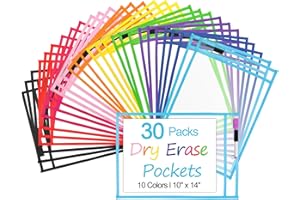 SFLHHDM 30 Pack Dry Erase Pockets,Oversized Reusable Dry Erase Pocket Sleeves,10 x 14 in Sheet Protectors, Plastic Sheet Page Protectors Ticket Holders,Classroom Must Haves,Teacher Supplies Dry Erase Sleeves