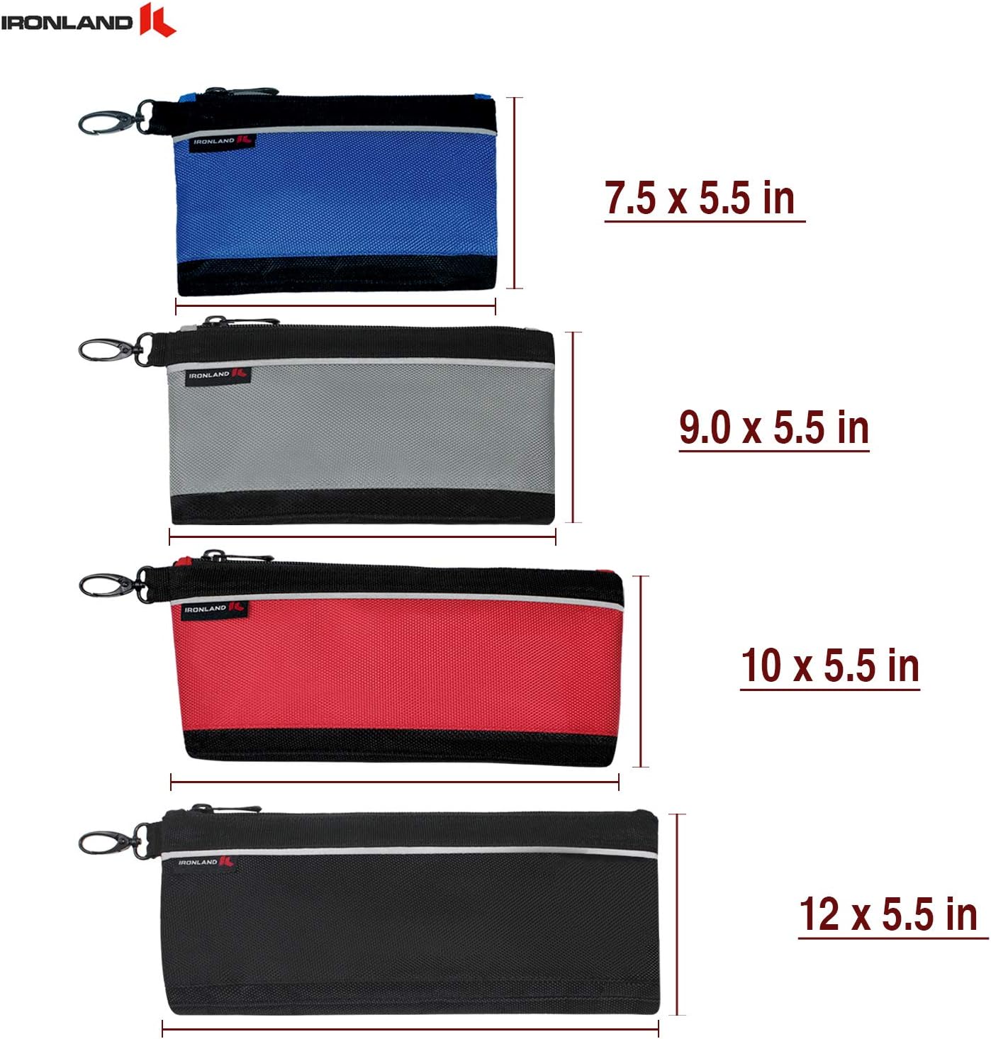 IRONLAND Utility Bag, 4 Pack Zipper Tool Bags Waterproof Heavy Duty in Blue, Grey, Red, Black 1680D Tool Pouch (7/9/10/12 Inch) - - 