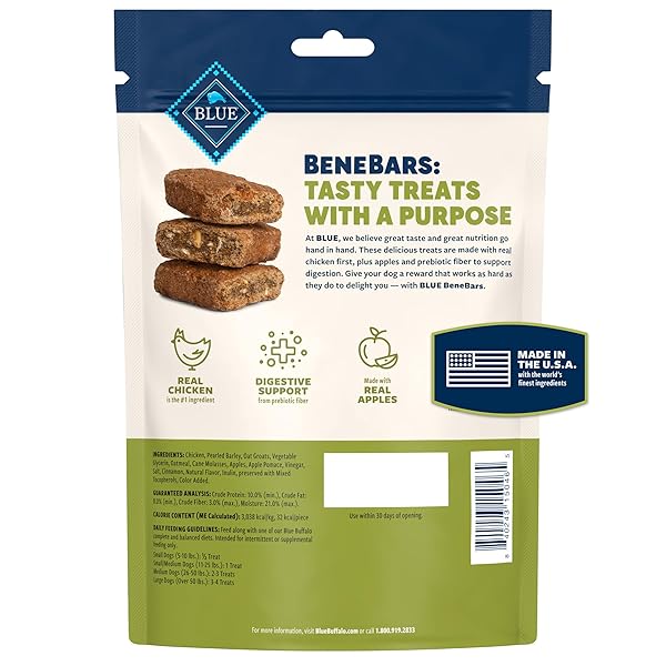 BLUE BUFFALO BENEBARS DIGESTIVE SUPPORT DOG TREATS WITH PREBIOTIC FIBER, MADE WITH NATURAL INGREDIENTS, USA CHICKEN & APPLE, 9-OZ BAG