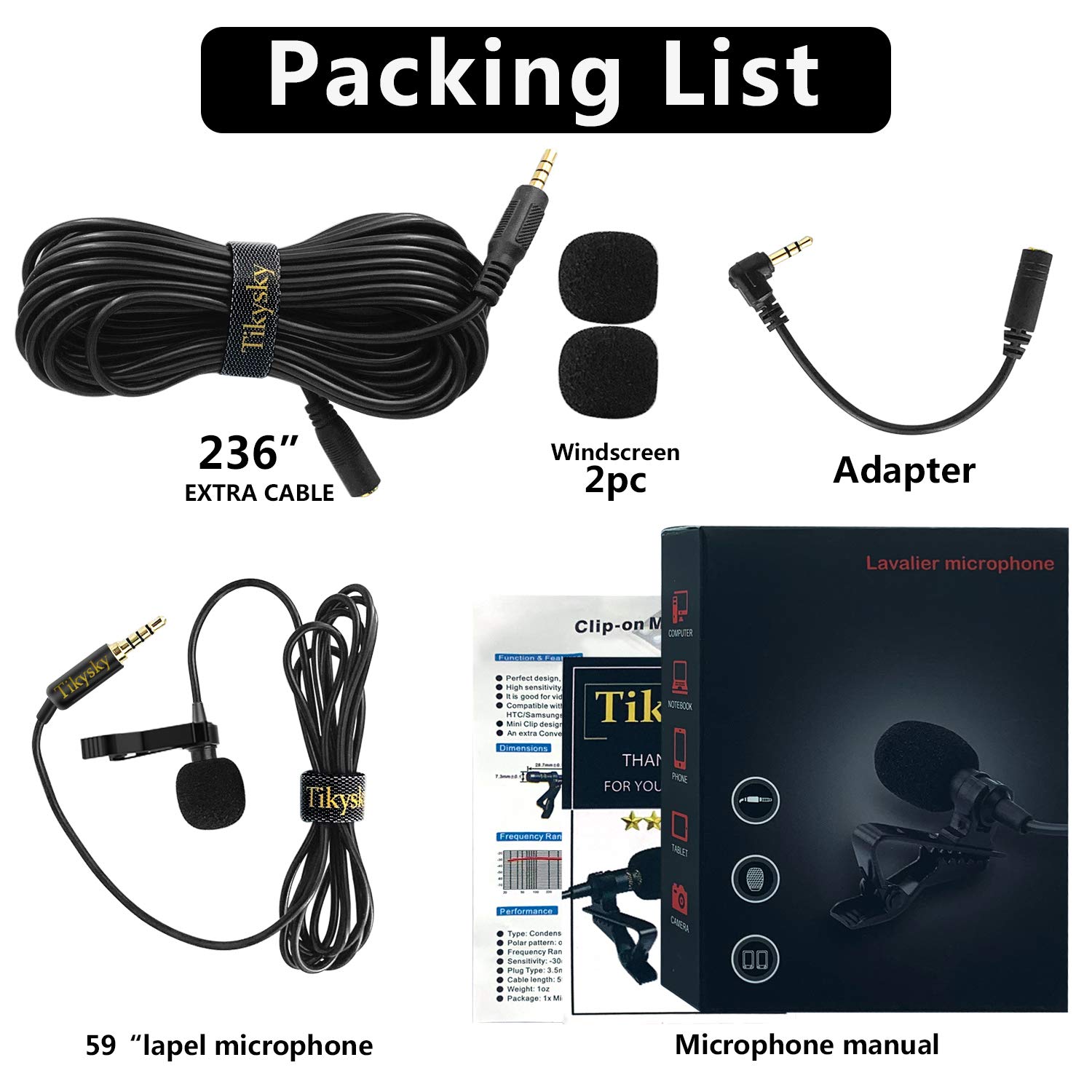 Lavalier Lapel Microphone,Tikysky Clip On Lav Mic for iPhone Android Cell Phone Smartphone Camera Vlog Interview Video Recording Podcast