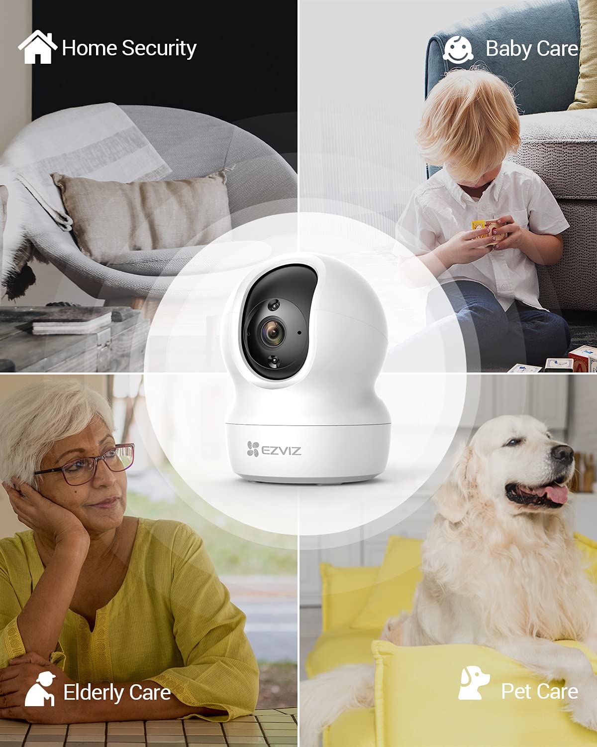 2K+ Indoor Security Camera, WiFi, 360° Coverage, Night Vision, Auto Motion Tracking, Pet Baby Monitor, Two Way Talk, Compatible with Alexa (CP1 2K+)
