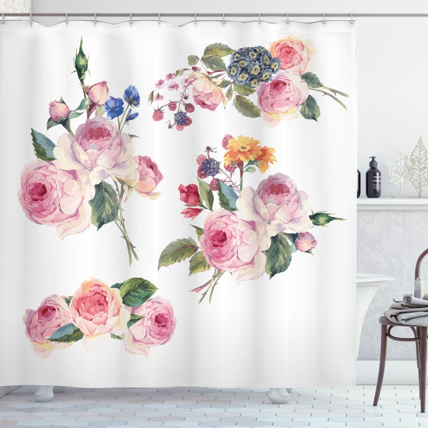ABAKUHAUS Rose Shower Curtain, Vintage Floral Bouquets with English Roses Wildflowers Botanical Natural Summer Time, Cloth Fabric Bathroom Decor Set with Hooks, 78 Inches, Multicolor