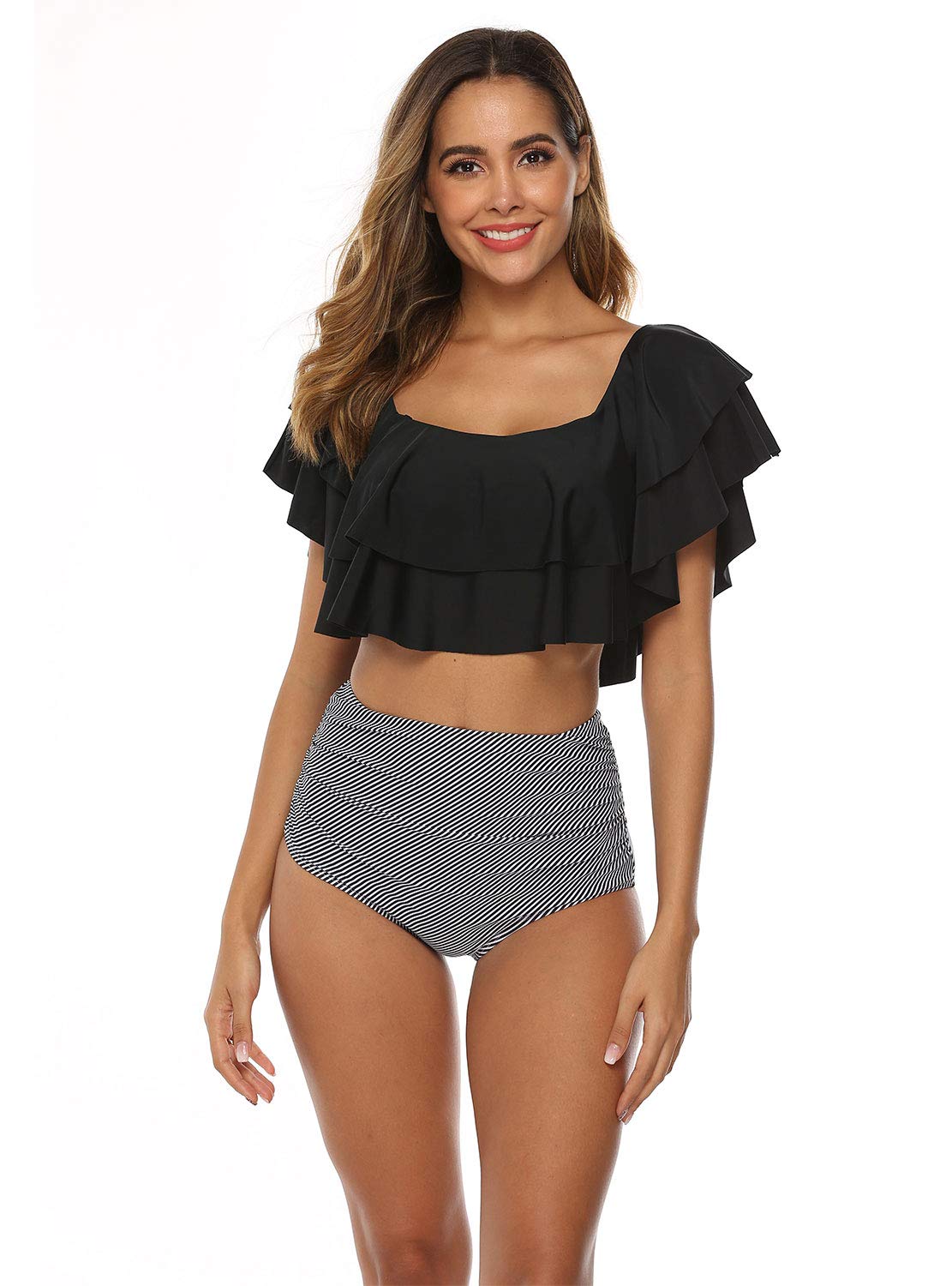 TRENDOUX Womens Swimsuits, Off The Shoulder Bathing Suits - Two Piece Flounce Crop Top Ruffle Bikini - Modest High Waisted Swimwear - Tummy Control Beachwear for Girls - Black S