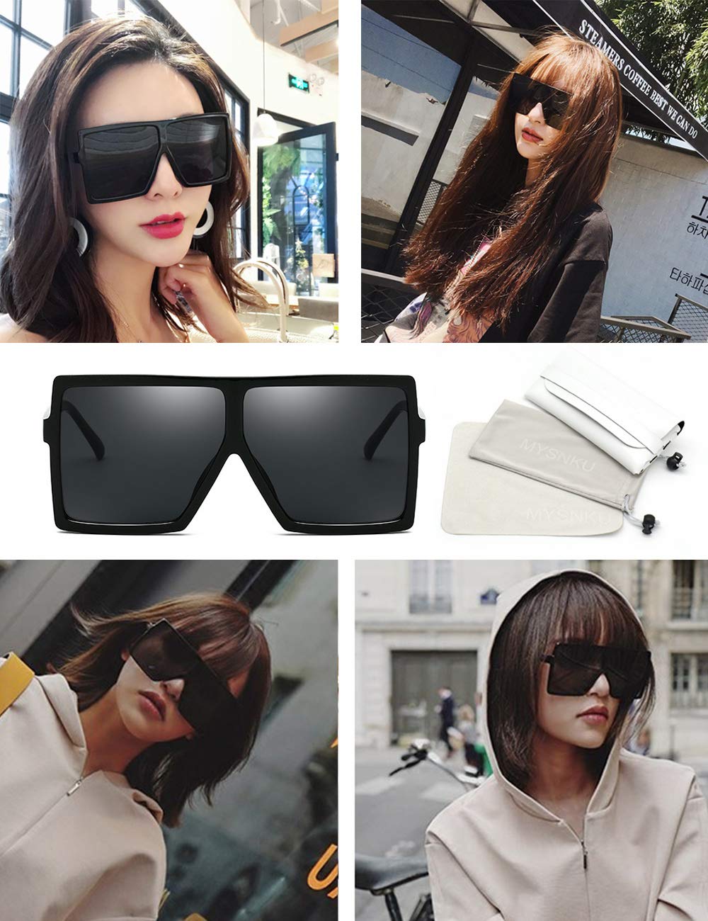 MYSNKU Fashion Square Large Frame Sunglasses Men and Women Eyewear UV400 Black Driving (T36-Black, 65)