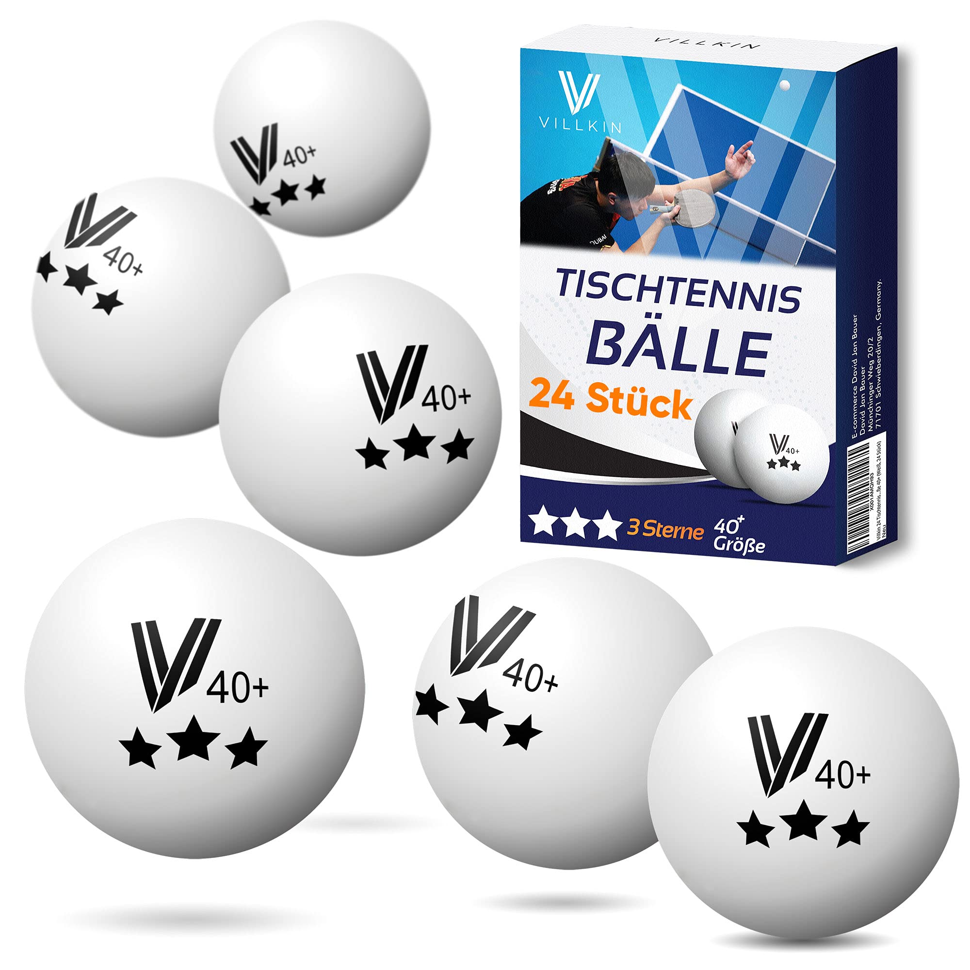 Villkin Table Tennis Balls, 24 Pieces - 40 mm Durable Plastic, Seamless, Constant Rotation, Competition & Leisure, White, Set of 24