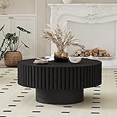 YYZIWYUN 31.5 inch Black Round Drum Fluted Coffee Table | Mid Century Style Fluted Drum End Table, Handcrafted Wood Fluted Relief, with Sturdy Base, For Living Room &amp; Apartment