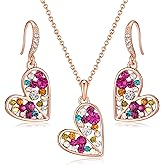 EVEVIC Austrian Crystals Heart Pendant Necklace Earrings Set for Women 14K Rose Gold Plated Drop Earrings Hypoallergenic Jewelry Set Gift for Birthday Anniversary Wedding