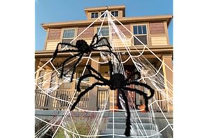 UMEELR Halloween 200In Huge Spider Web with 2 Giant Realistic Looking Hairy Spiders Halloween Decorations Props Creepy Decor Outdoor Indoor (35.5In and 30In)