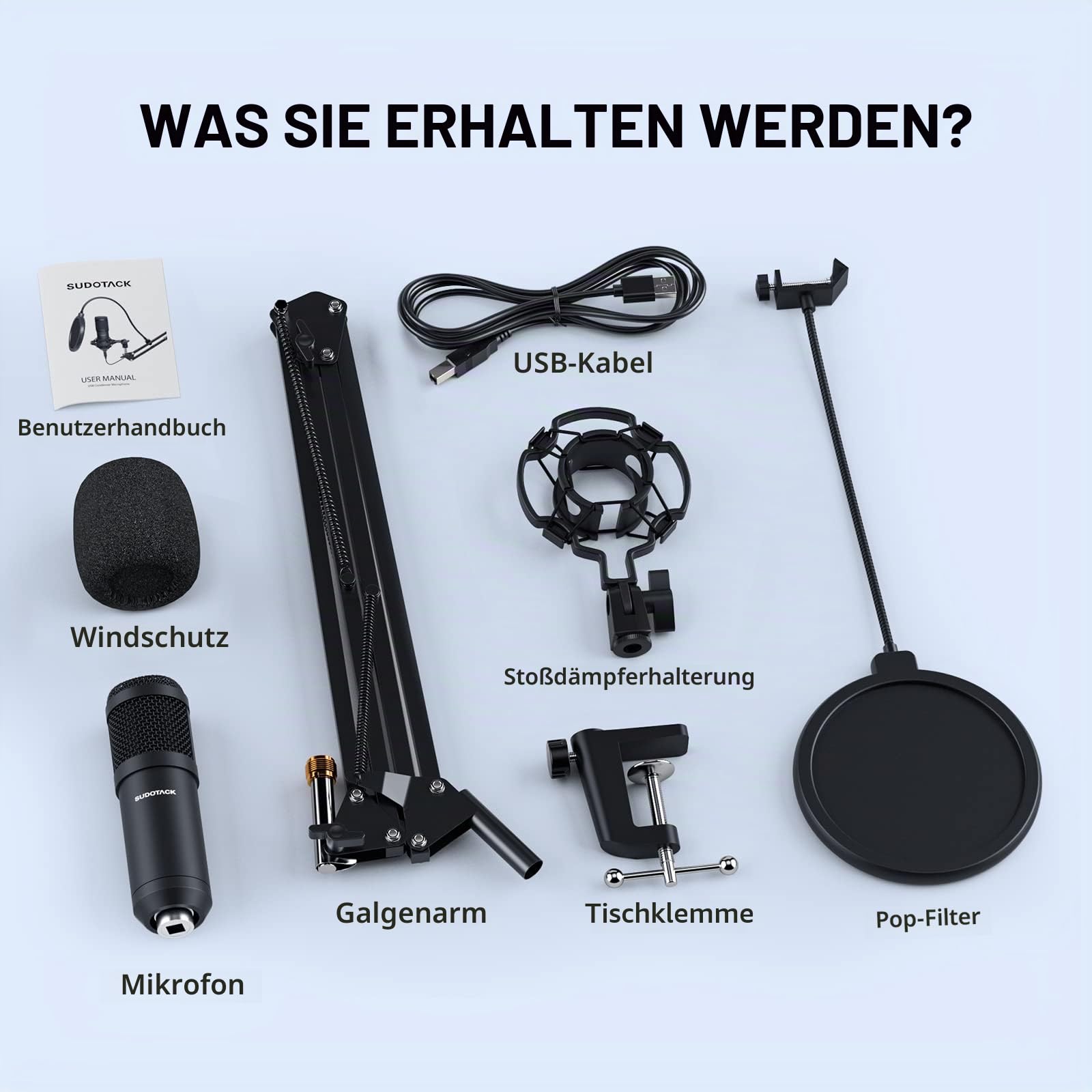 SUDOTACK USB Gaming Mikrofon, Professionelles Mikrofon PC Kondensator mit Arm, Popfilter, Mikrofonspinne für Podcasting, Streaming, Aufnahme, YouTube, Twitch, Home Studio, Voice-Off 7