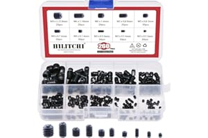 Hilitchi 200pcs M3/4/5/6/8 Allen Head Socket Hex Grub Screw Set Assortment Kit with Plastic Box 12.9 Class Black Alloy Steel