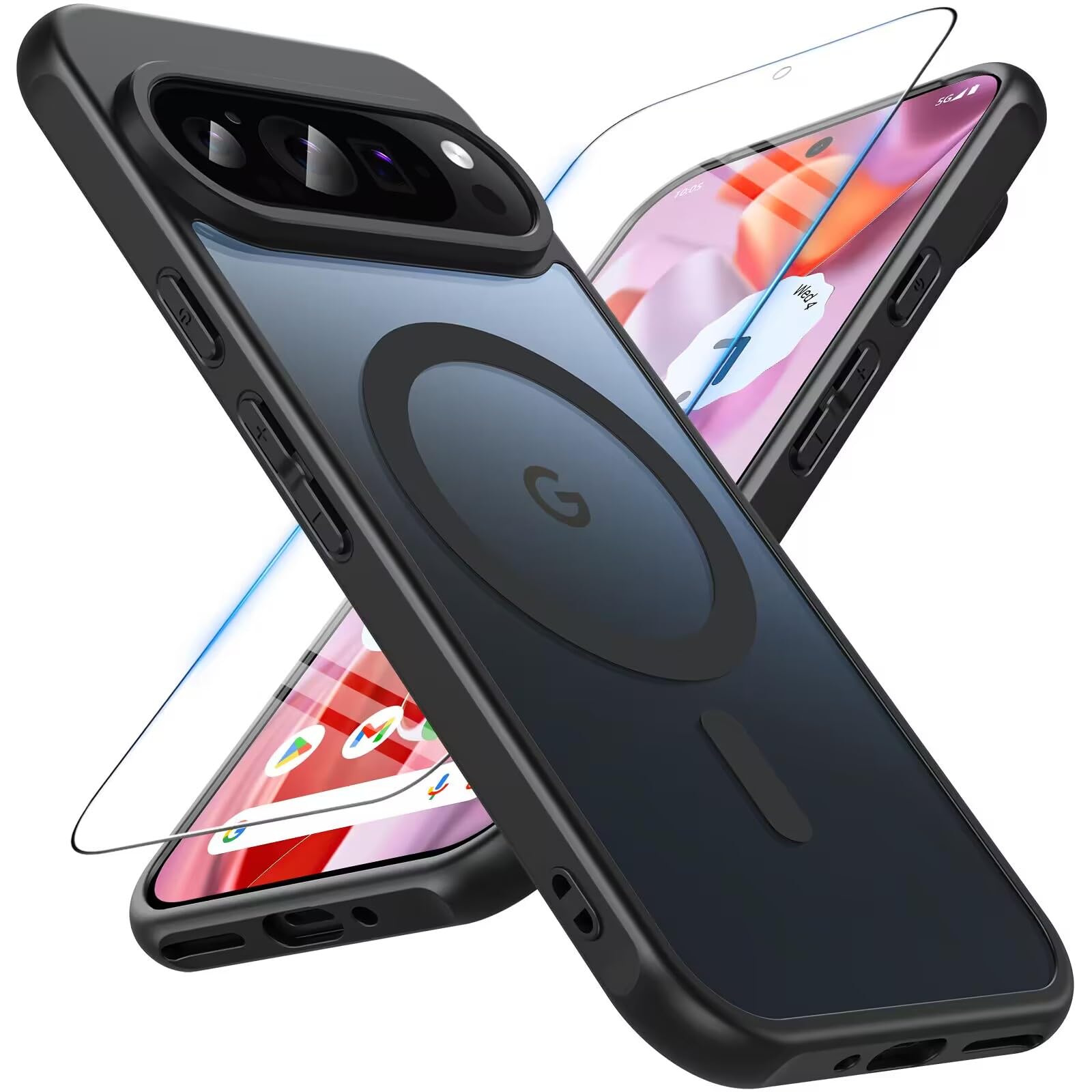 OWKEY Magnetic Case for Google Pixel 9 /Google Pixel 9 Pro 2024[Compatible with MagSafe][with Tempered Glass][Translucent Matte] Shockproof Hard PC Case for Pixel 9/Pixel 9 Pro (Black)
