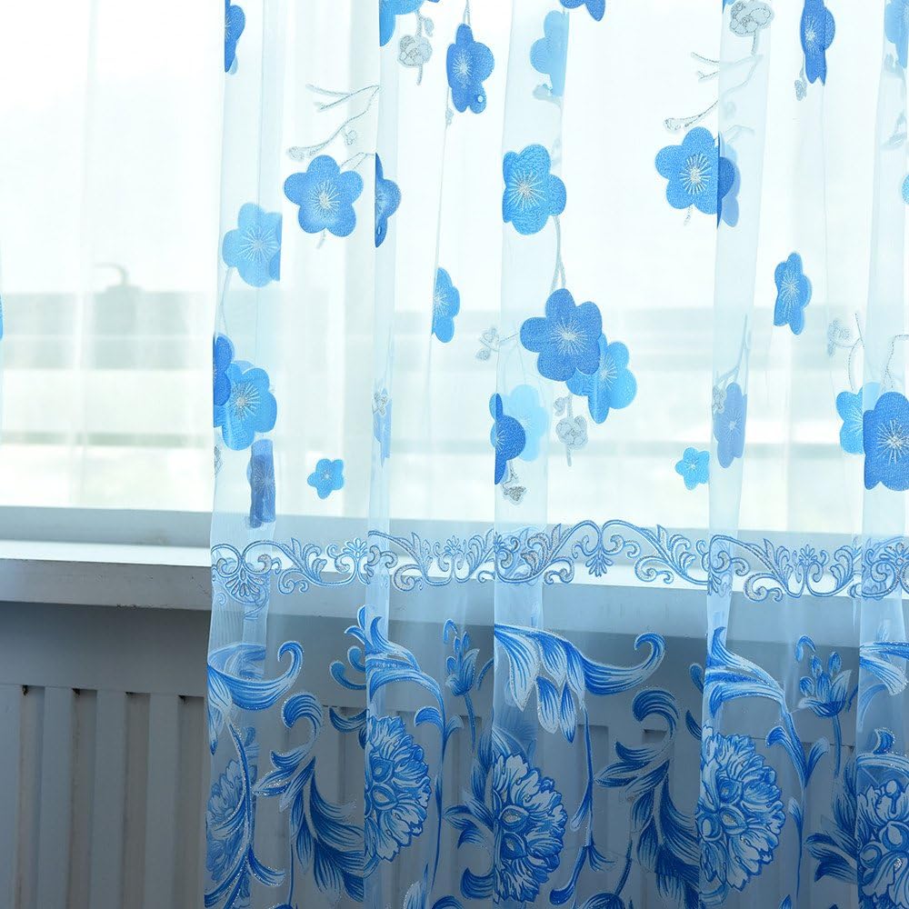 DZT1968 1PC White Printed Flower Lace Chiffon Tulle Sheer Window Treatments Door Screen Curtain (80 inch x 40 inch) (Blue)