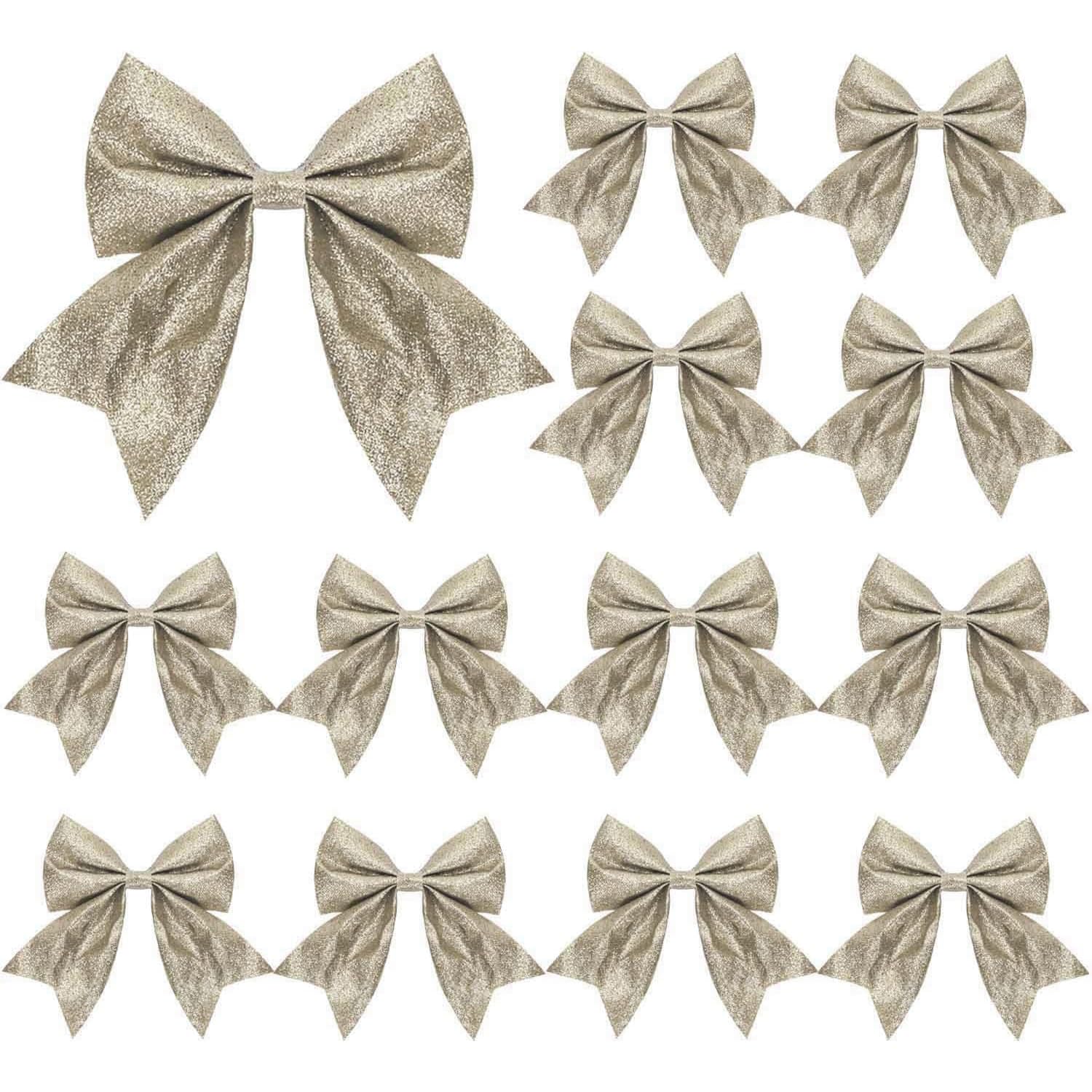 12Pcs Glitter Bows for Christmas Tree Decoration, 5.9Inch Decorative Wreaths Bow Bowknot Ornaments for Crafts Garland Holiday Home Decor (Champagne)