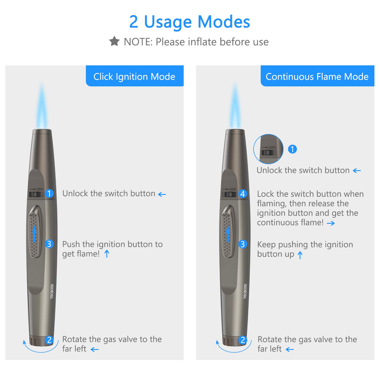 Torch Lighter, Tecboss Lighter Adjustable Jet Flame Portable Refillable Butane Lighters for Camping Cooking BBQs Fireworks, Metal Casing, Gift Box (Gas Not Included)
