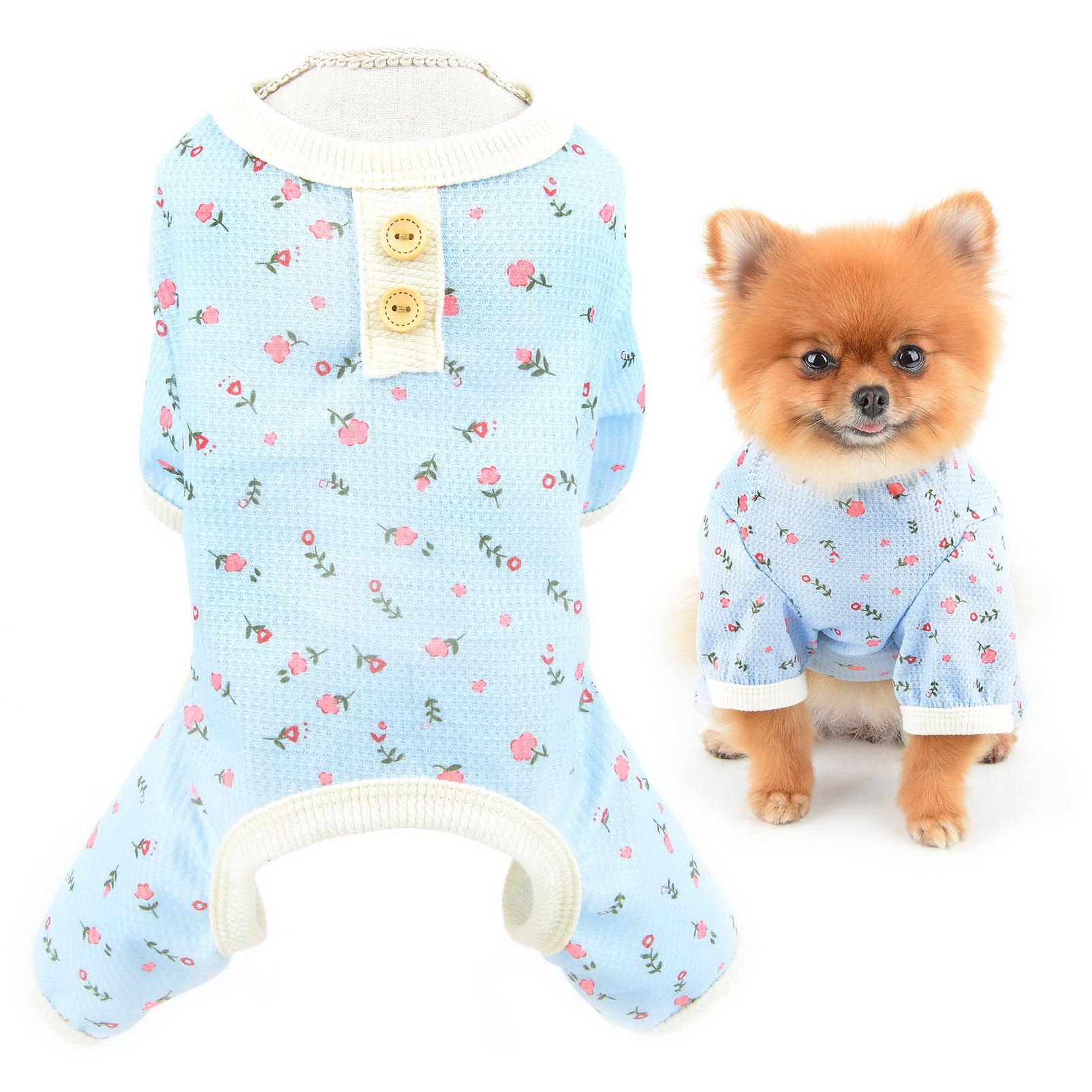 SMALLLEE_LUCKY_STORE Small Dog Clothes Cute Floral Waffle Knit Puppy Pajamas Pjs Cat Pyjamas Stretchy Jumpsuit Warm Sleepwear Outfits for Yorkie Chihuahua,Blue,XXL
