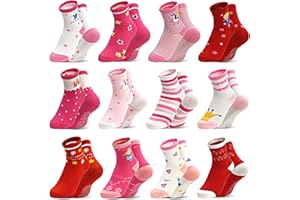 SkiBeaut Baby Toddlers Girls Socks, 12 Pairs Non Slip Kids Grips Toddler Grippy Girl House Socks with Grippers for 0-7 Years