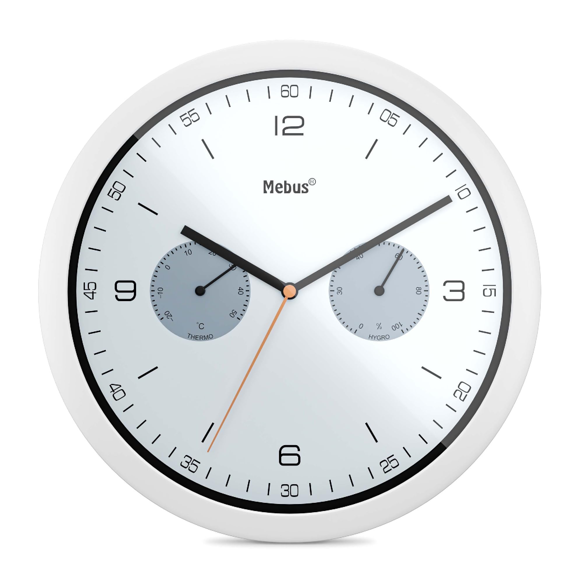 Mebus Quartz Wall Clock with Thermometer and Hygrometer/Plastic/Round/Model: 16101 / Colour: White/Diameter 26 cm