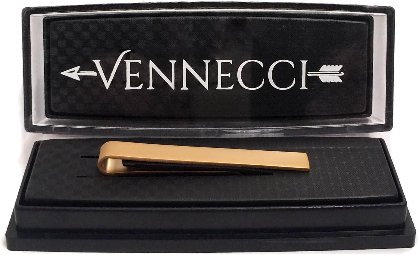 Vennecci Skinny Tie Clip, Matte Gold Finish - Tight Clasp Easy Slide Bar!