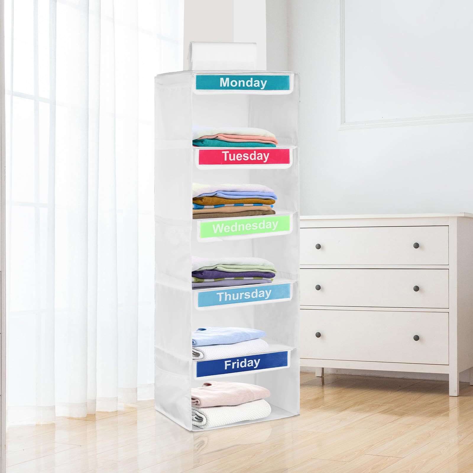 Versatile Kids Weekly Clothes Organizer - Hanging Closet Organizer for Hats, T-Shirts, Bags & Towels (White)