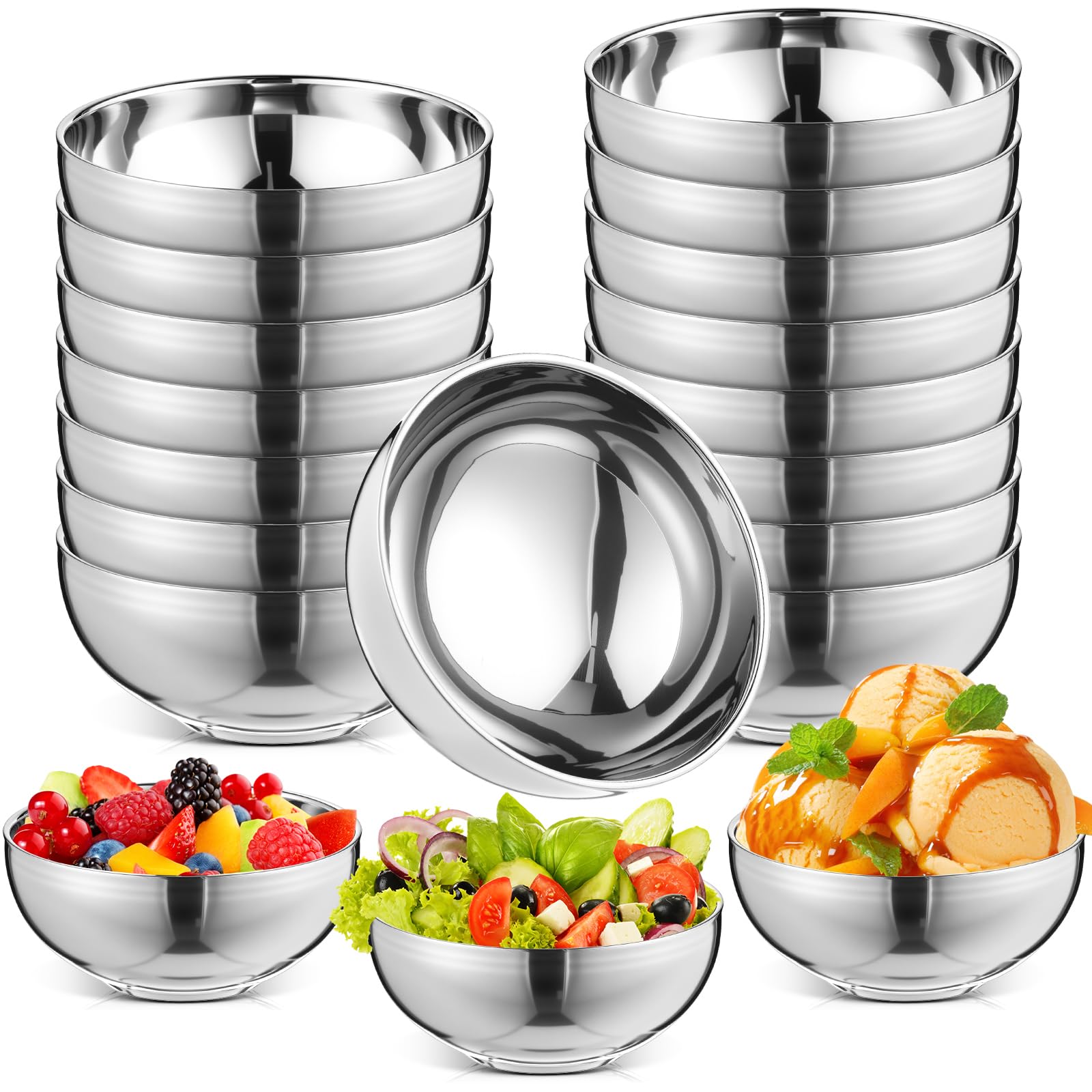 Photo 1 of Maxdot 20 Pack 304 Stainless Steel Bowls for Kids 13oz Double Walled Insulated Silver Metal Bowls for Soup, Cereal, Rice, Snack, Salad, Healthy and Dishwasher Safe